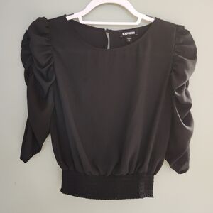 Express Elegant Black Ruched Sleeve Blouse